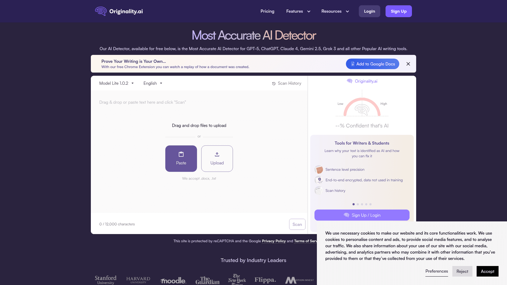 A screenshot of the Originality.ai homepage, an AI rewriter tool focused on content integrity.
