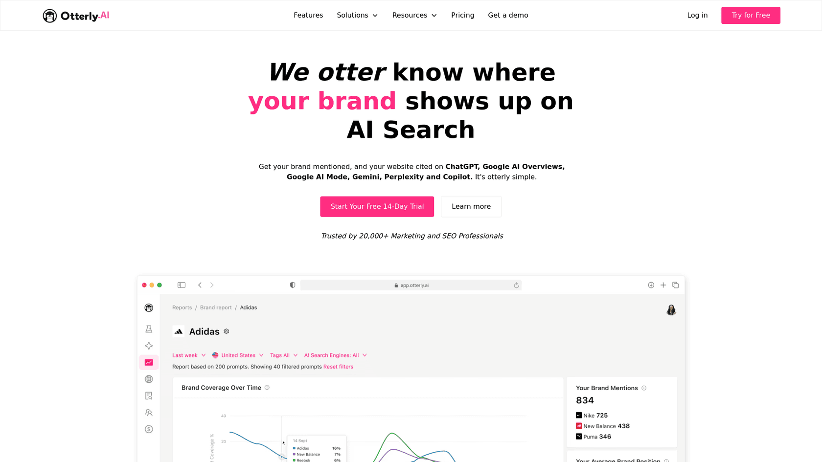 A screenshot of the Otterly.AI homepage, an affordable option among answer engine optimization tools for startups.
