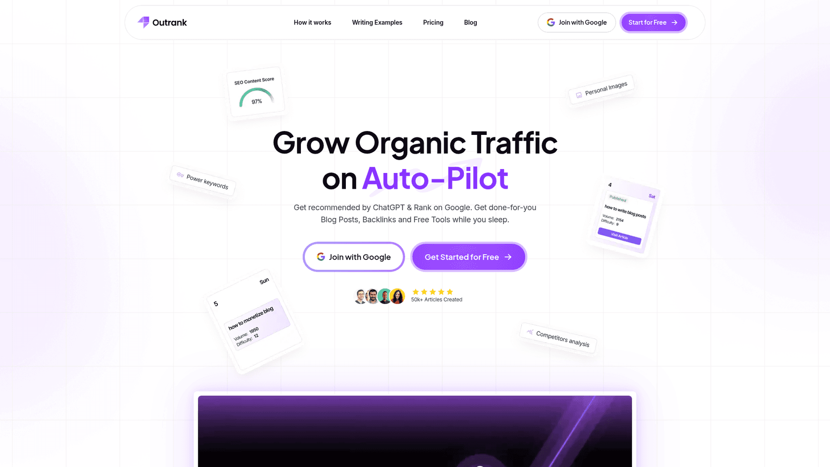 A screenshot of the Outrank landing page, one of the leading AI tools to automate blog content updates.