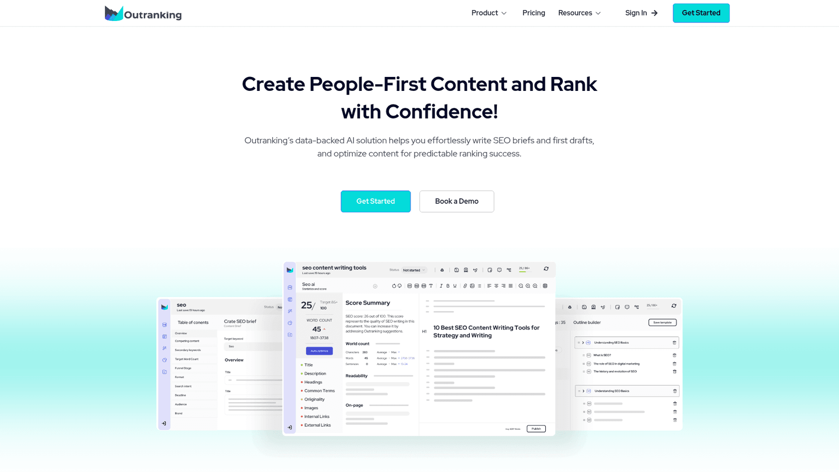 A screenshot of the Outranking.io homepage, providing an overview for this Outranking review.