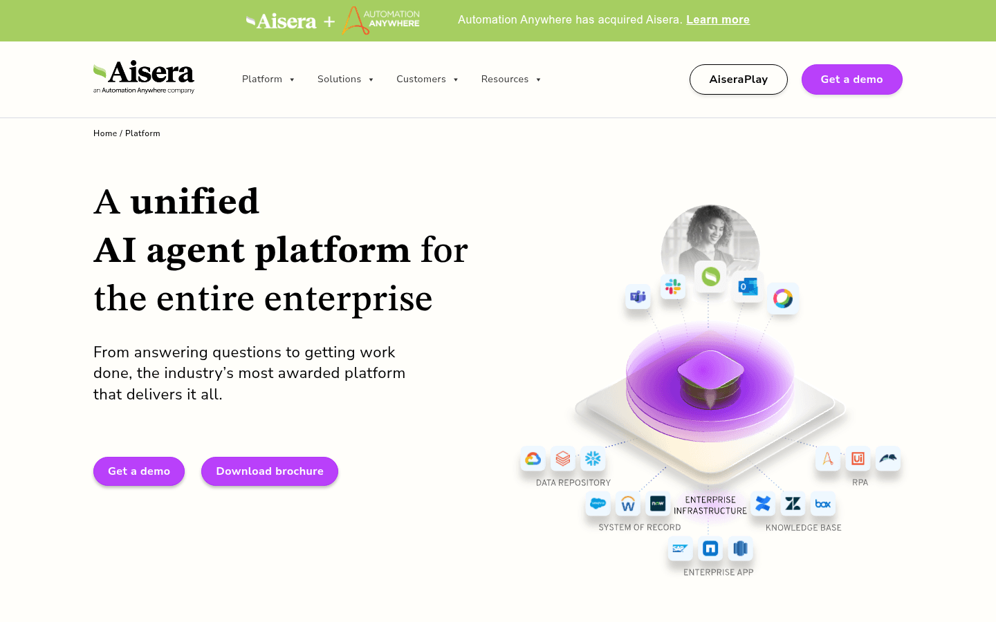 Aisera platform overview showing agentic AI capabilities.