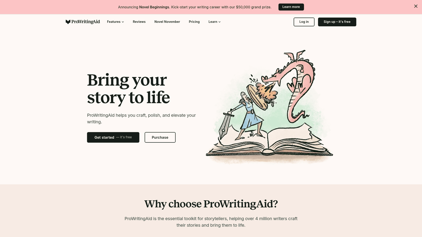 A screenshot of the ProWritingAid homepage, a Wordtune alternative designed for authors and serious writers.