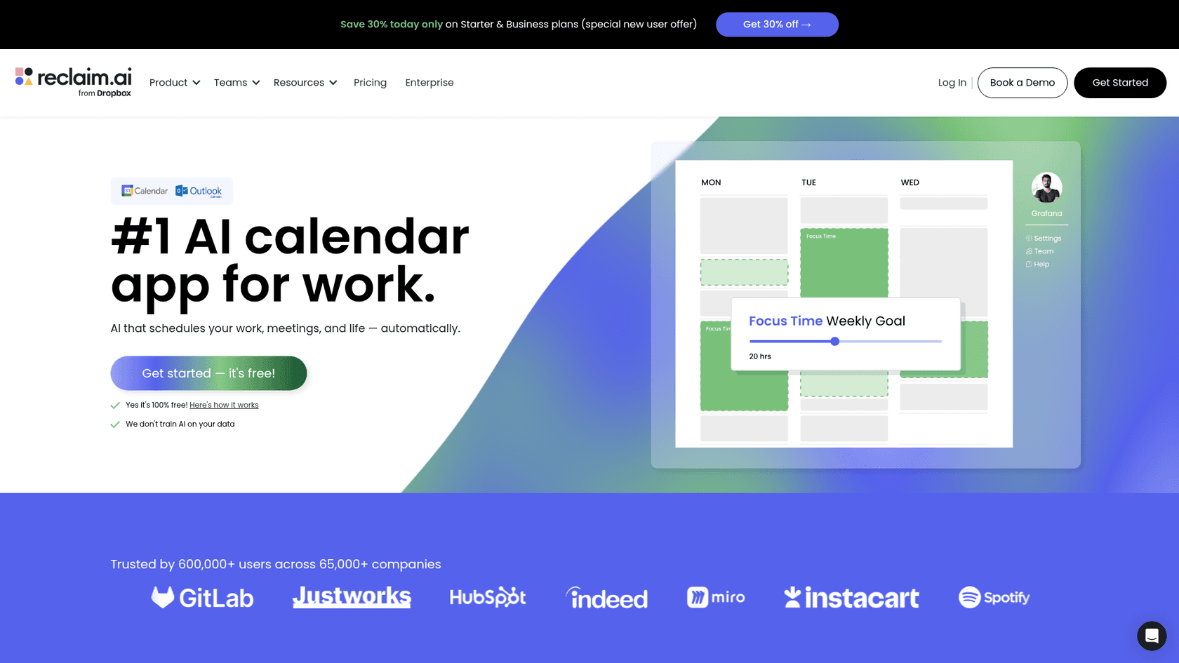 A screenshot of the Reclaim.ai website homepage, a productivity tool that offers AI affiliate programs.