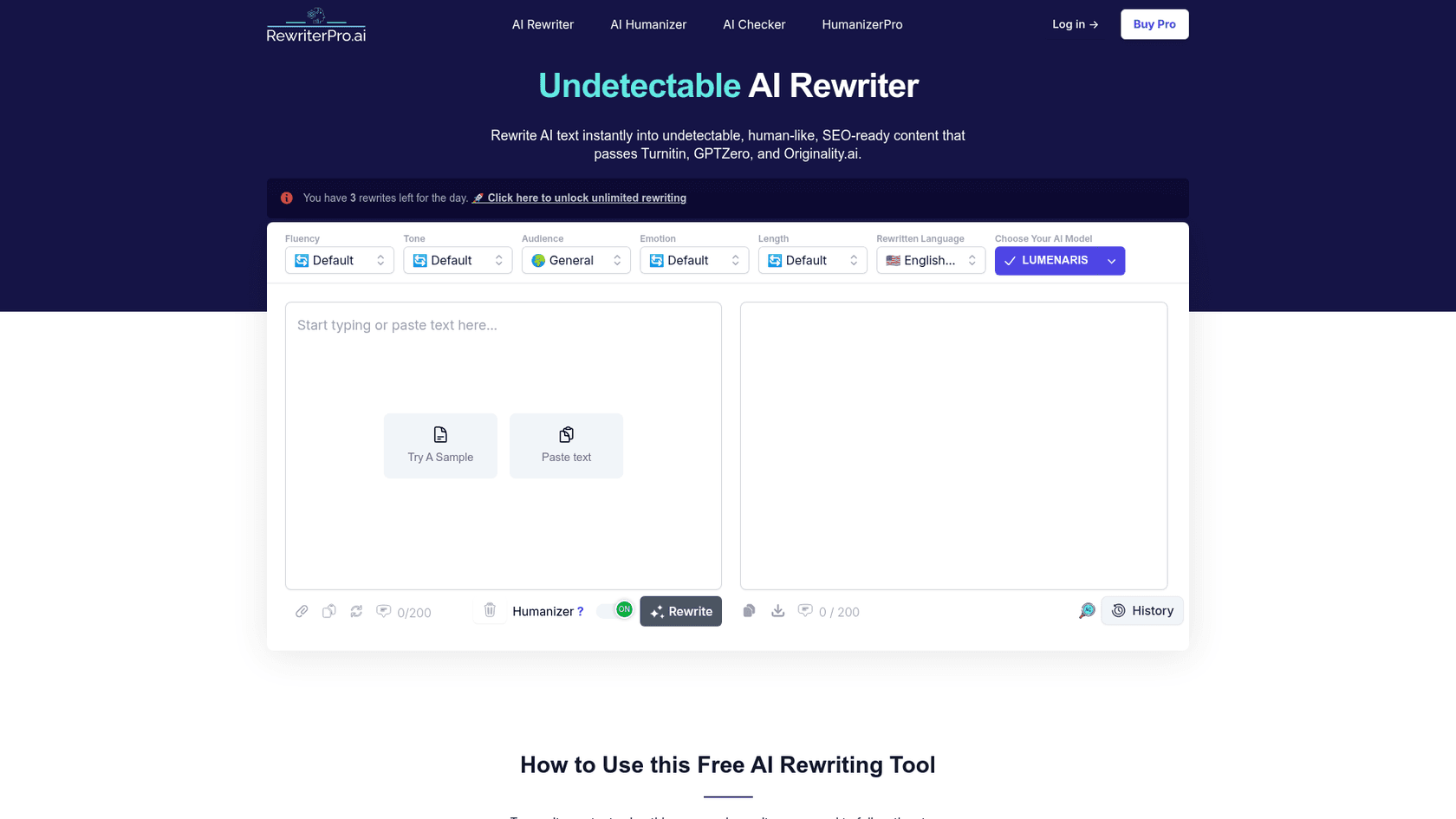A screenshot of the RewriterPro.ai website, an AI rewriter designed to create undetectable content.