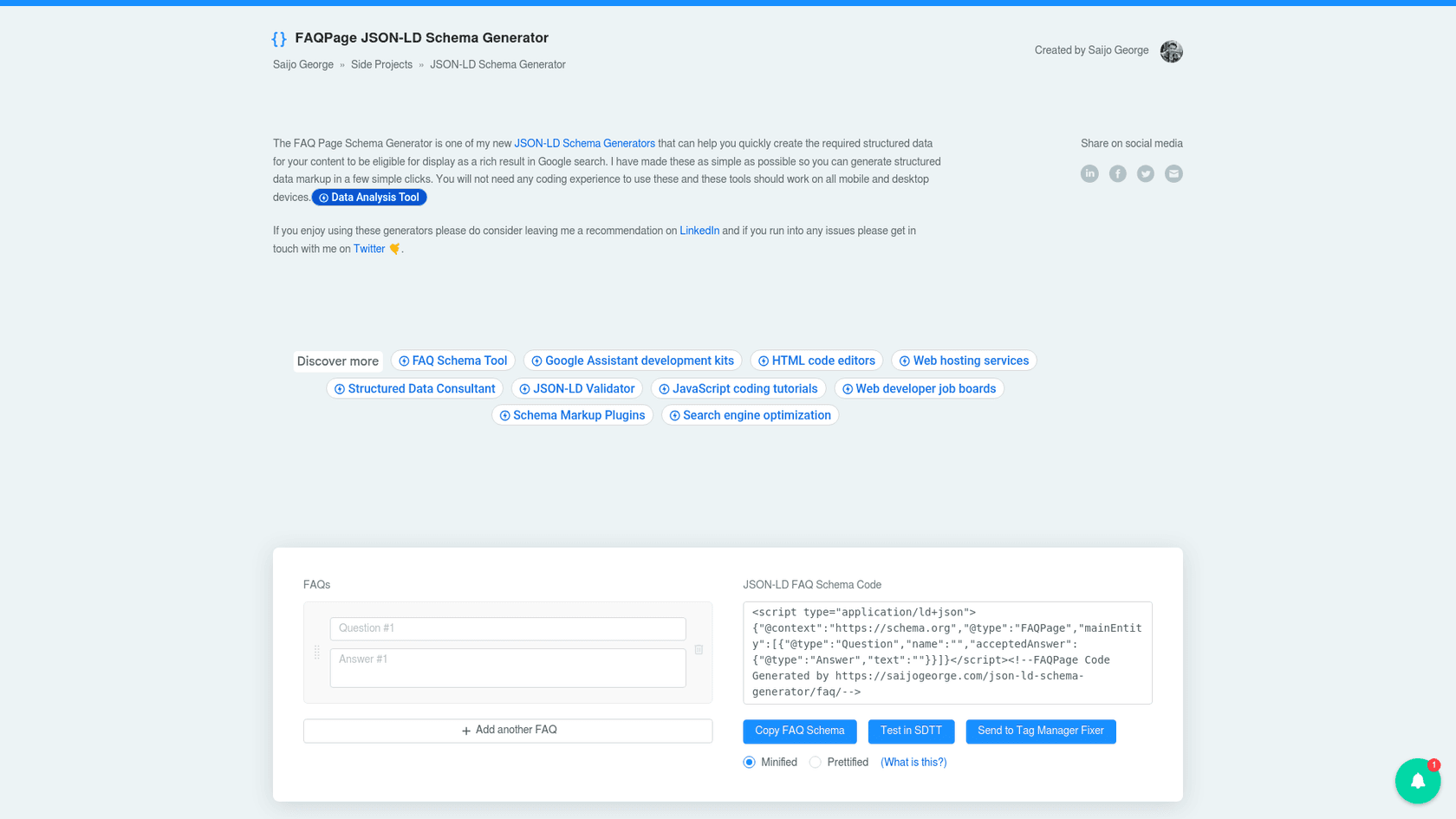 The user interface of Saijo George's free faq schema generator tool.