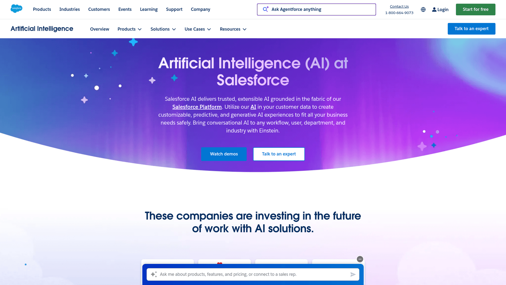 Salesforce Einstein AI landing page showcasing predictive and generative capabilities