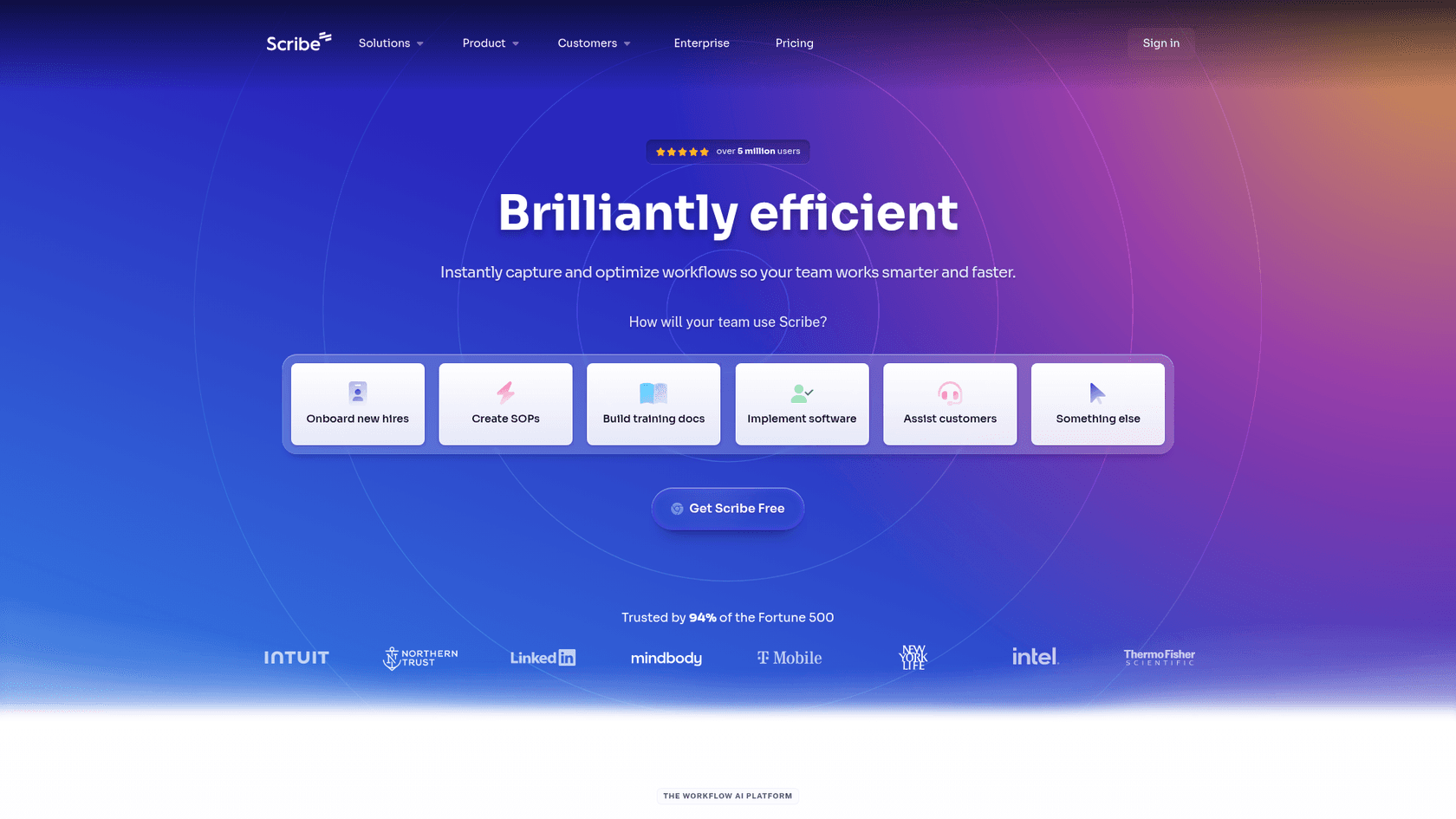A screenshot of the Scribe website's main landing page, a platform for how to create AI how-to guides.