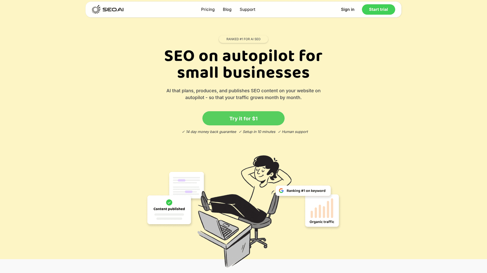 The landing page for seo.ai, an AI SEO content writer designed for full automation of content publishing.