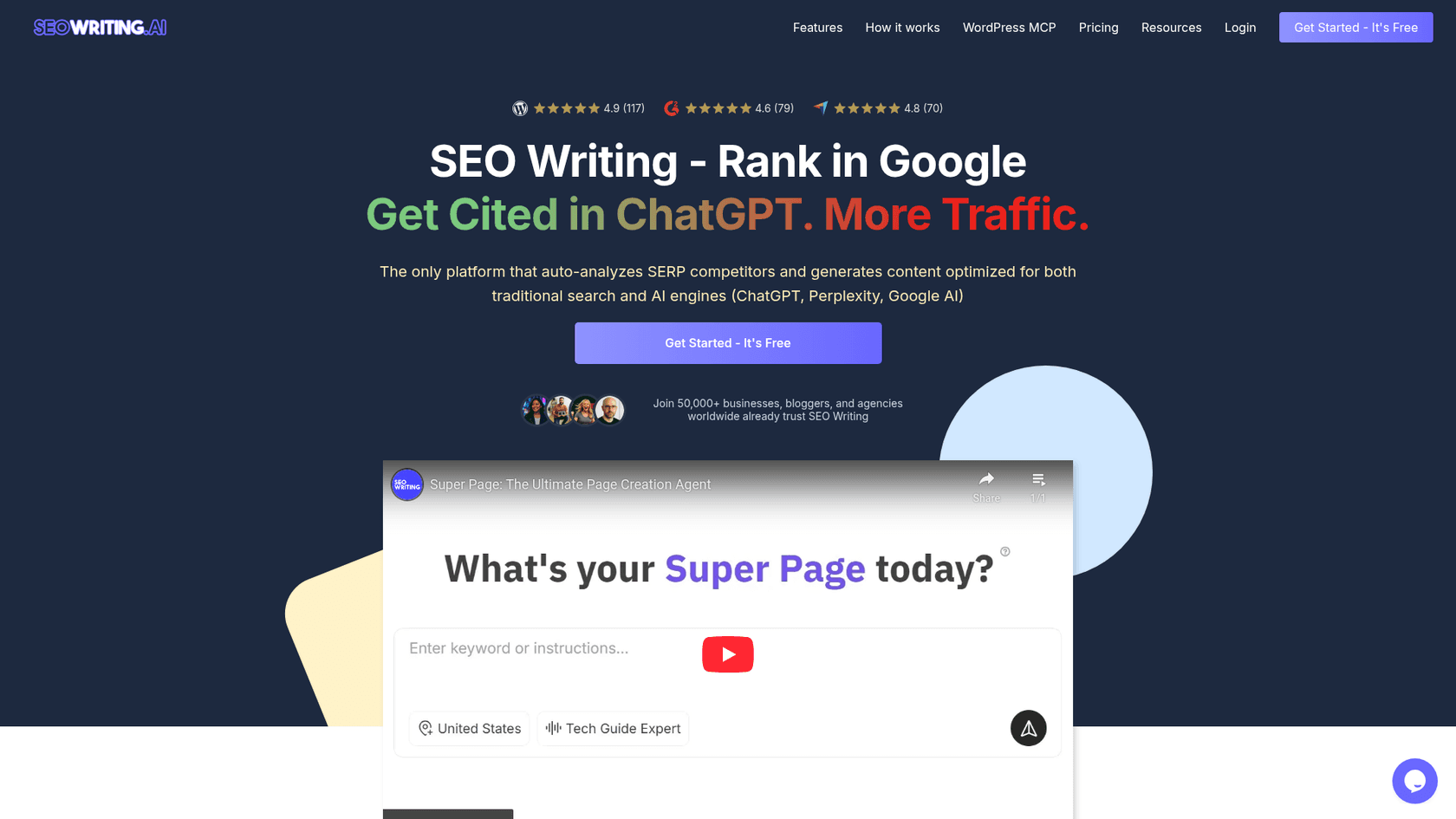 A screenshot of the SeoWriting.ai website, a bulk AI SEO content generator designed for creating many articles at once.