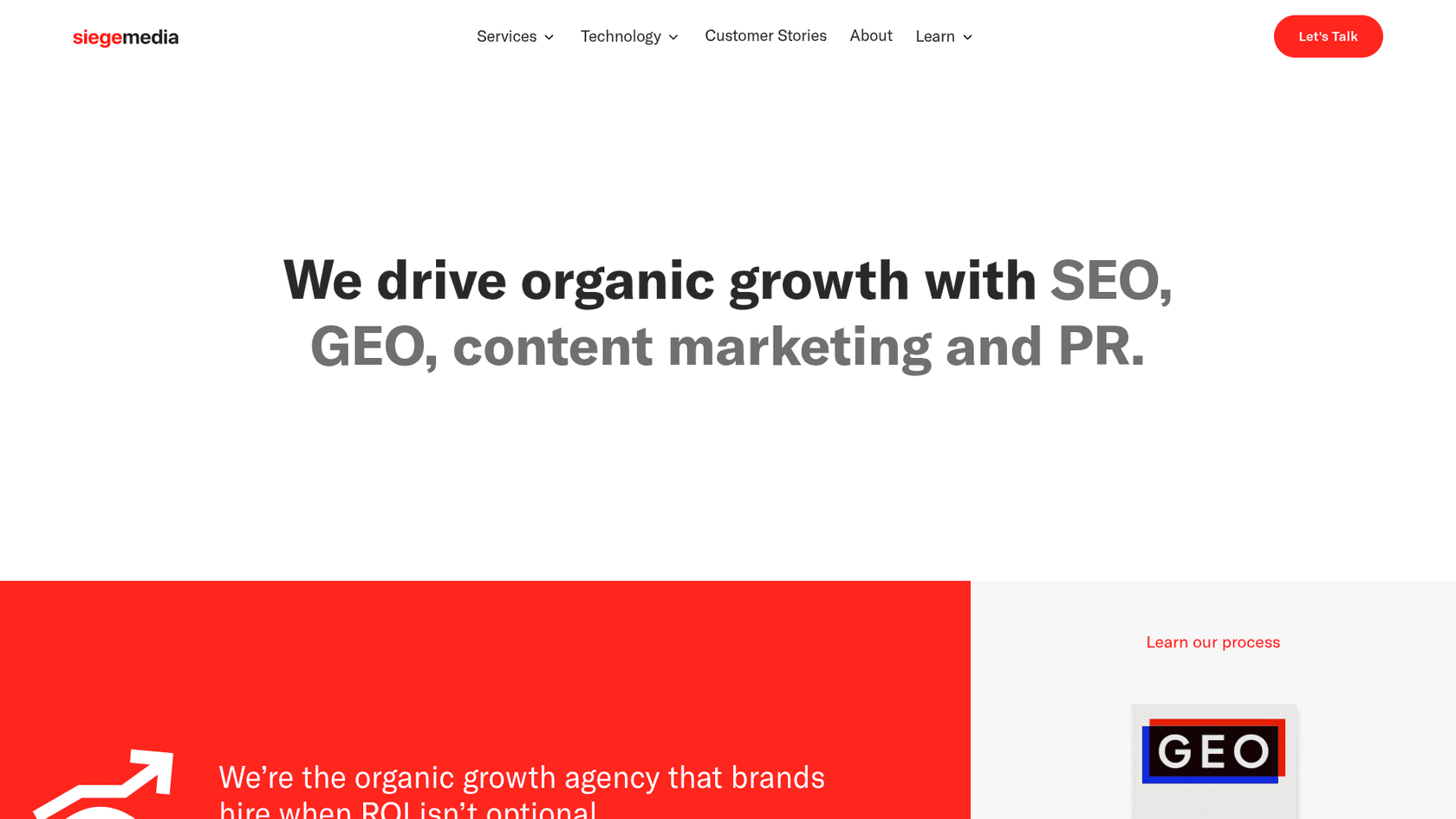 A screenshot of the homepage for Siege Media, a content-focused AI SEO company.