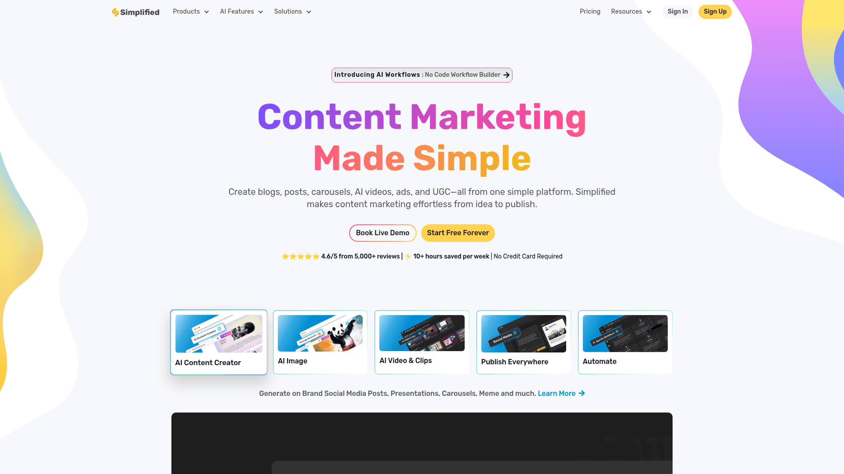 A screenshot of the Simplified AI homepage, an all-in-one marketing platform.