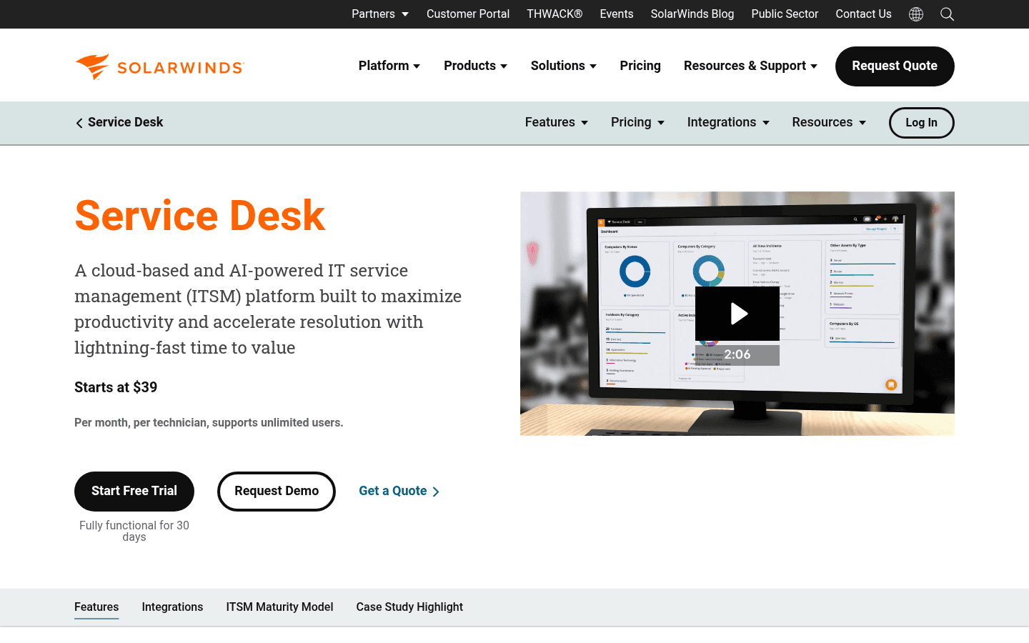 A screenshot of the SolarWinds Service Desk homepage, a key ServiceNow competitor for IT asset management.