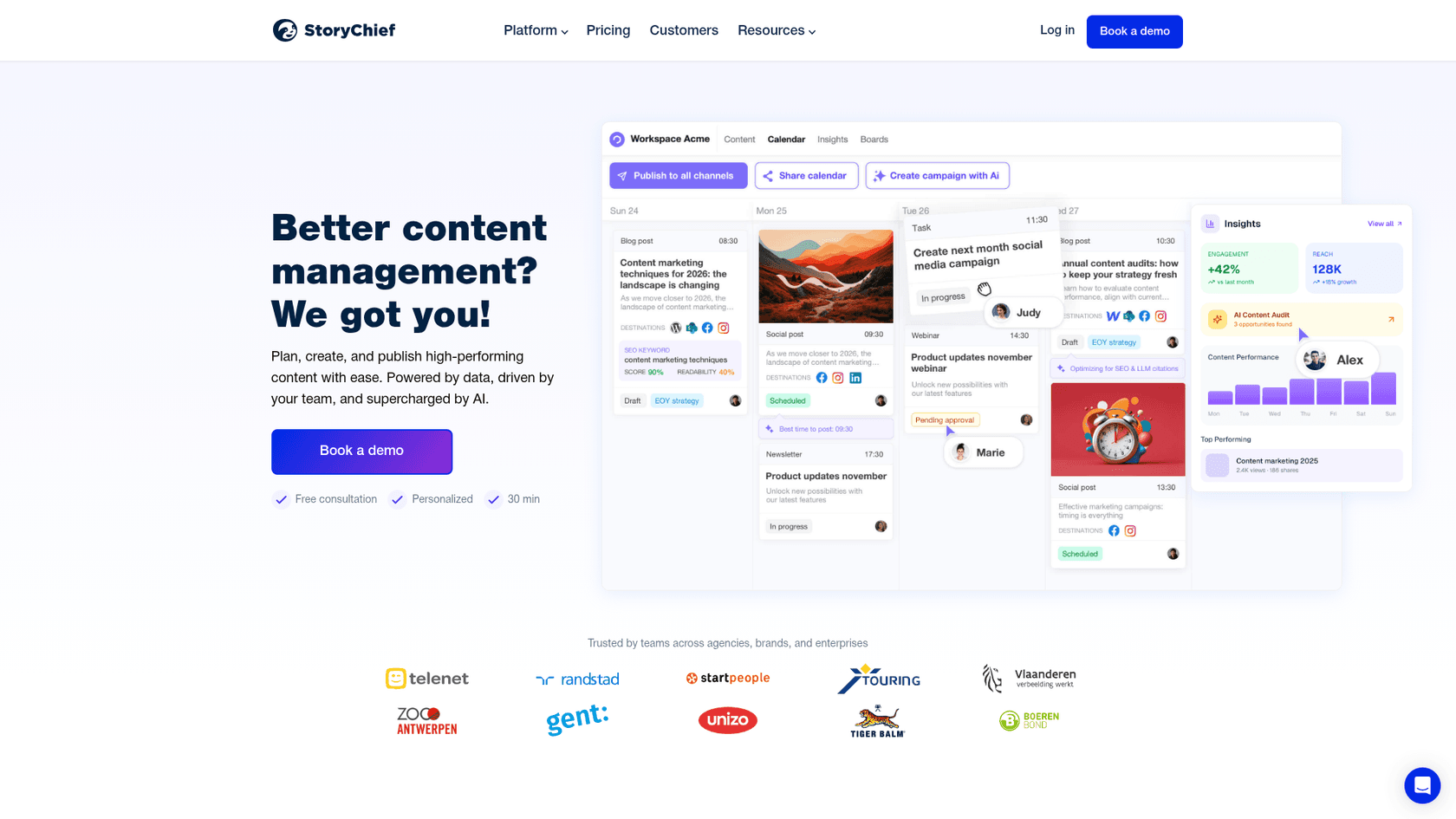 A screenshot of the StoryChief landing page, showing its features as a comprehensive blog writing AI and content management system.