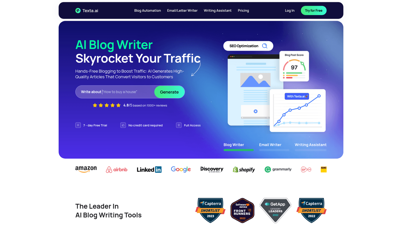 A screenshot of the Texta.ai website's landing page, part of a comprehensive Texta.ai review.
