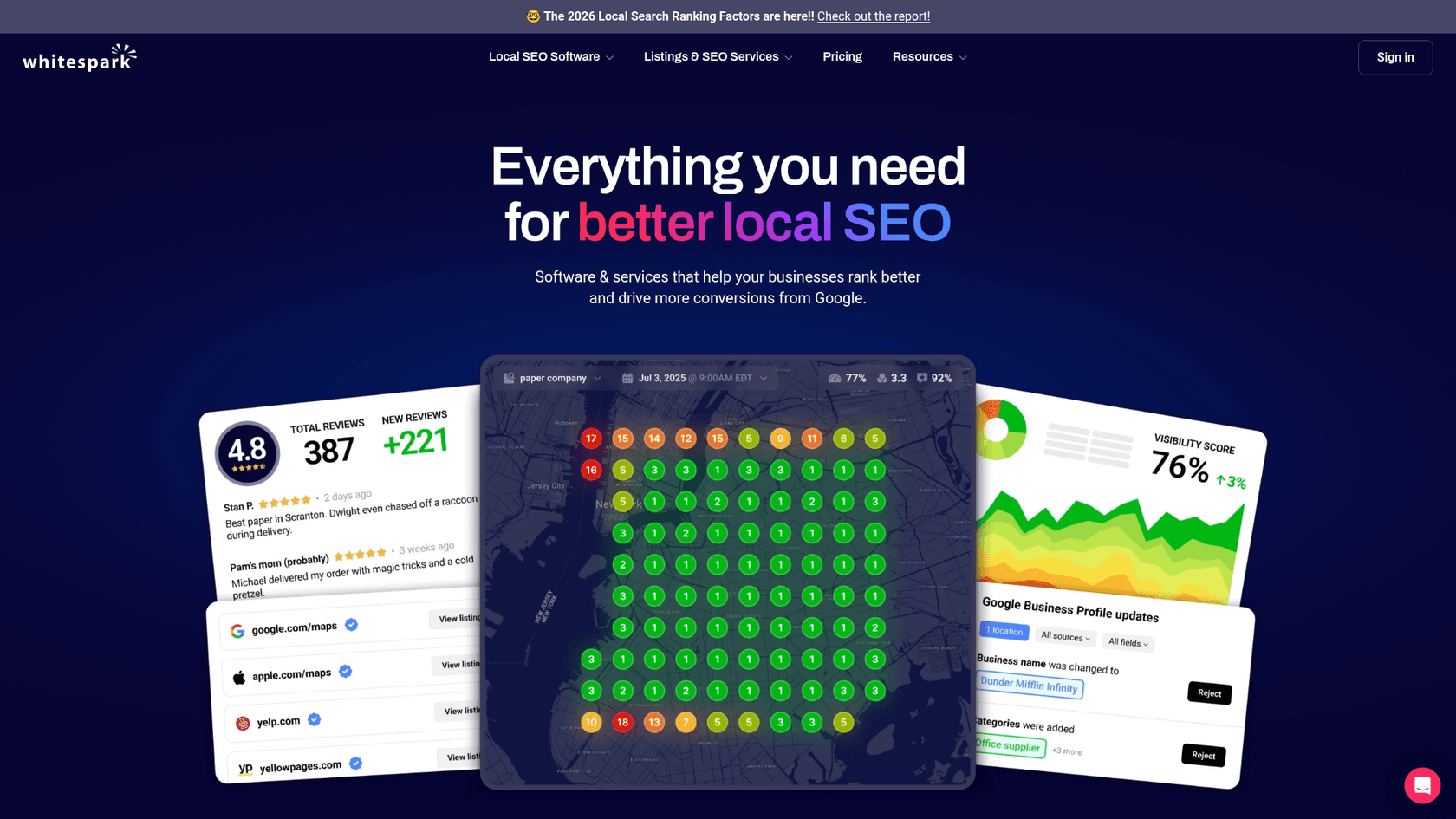 A screenshot of the Whitespark homepage, highlighting its specialized local SEO tools for citation management.