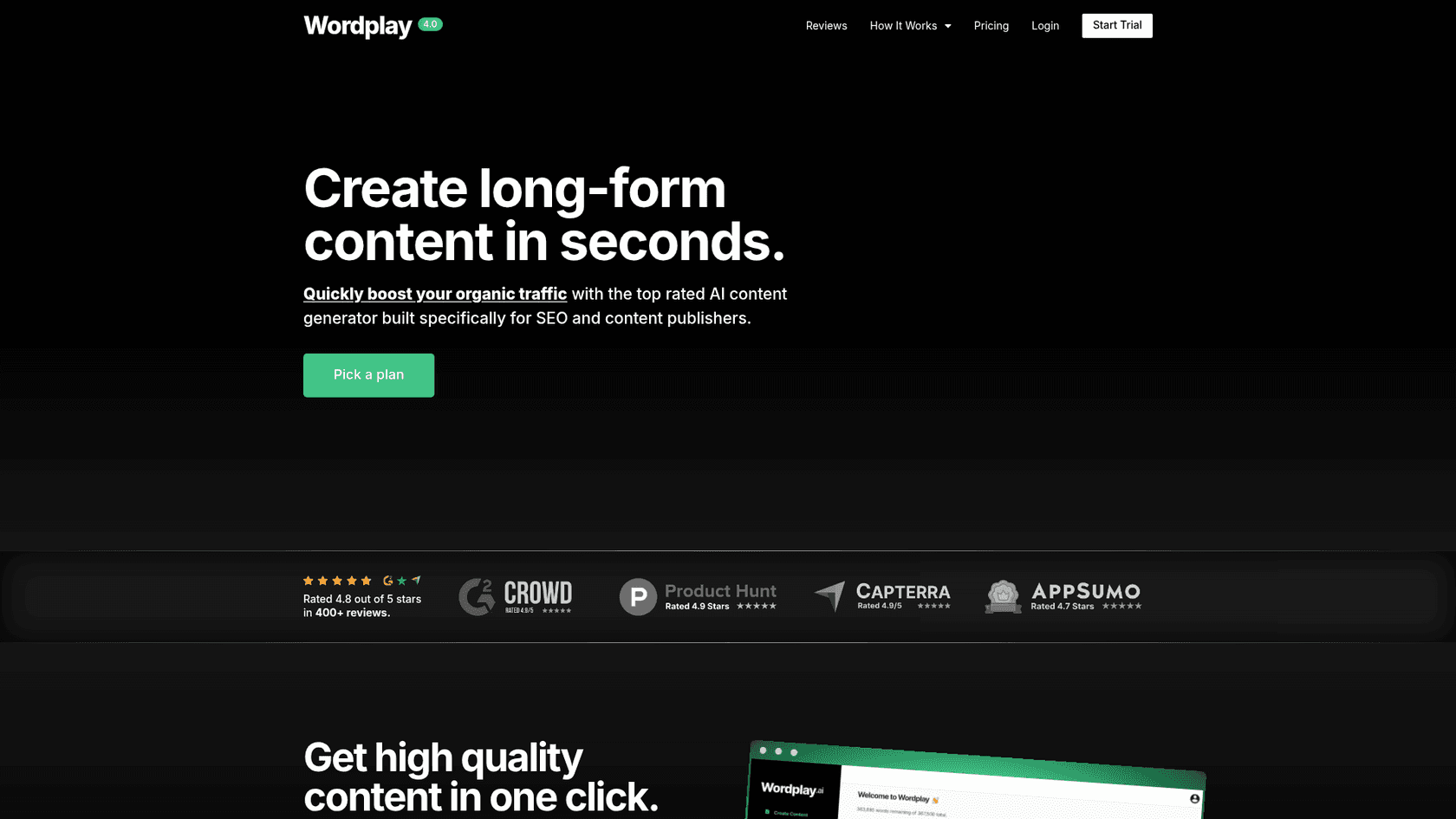 A screenshot of the Wordplay homepage, a popular AI blog writer API for developers.