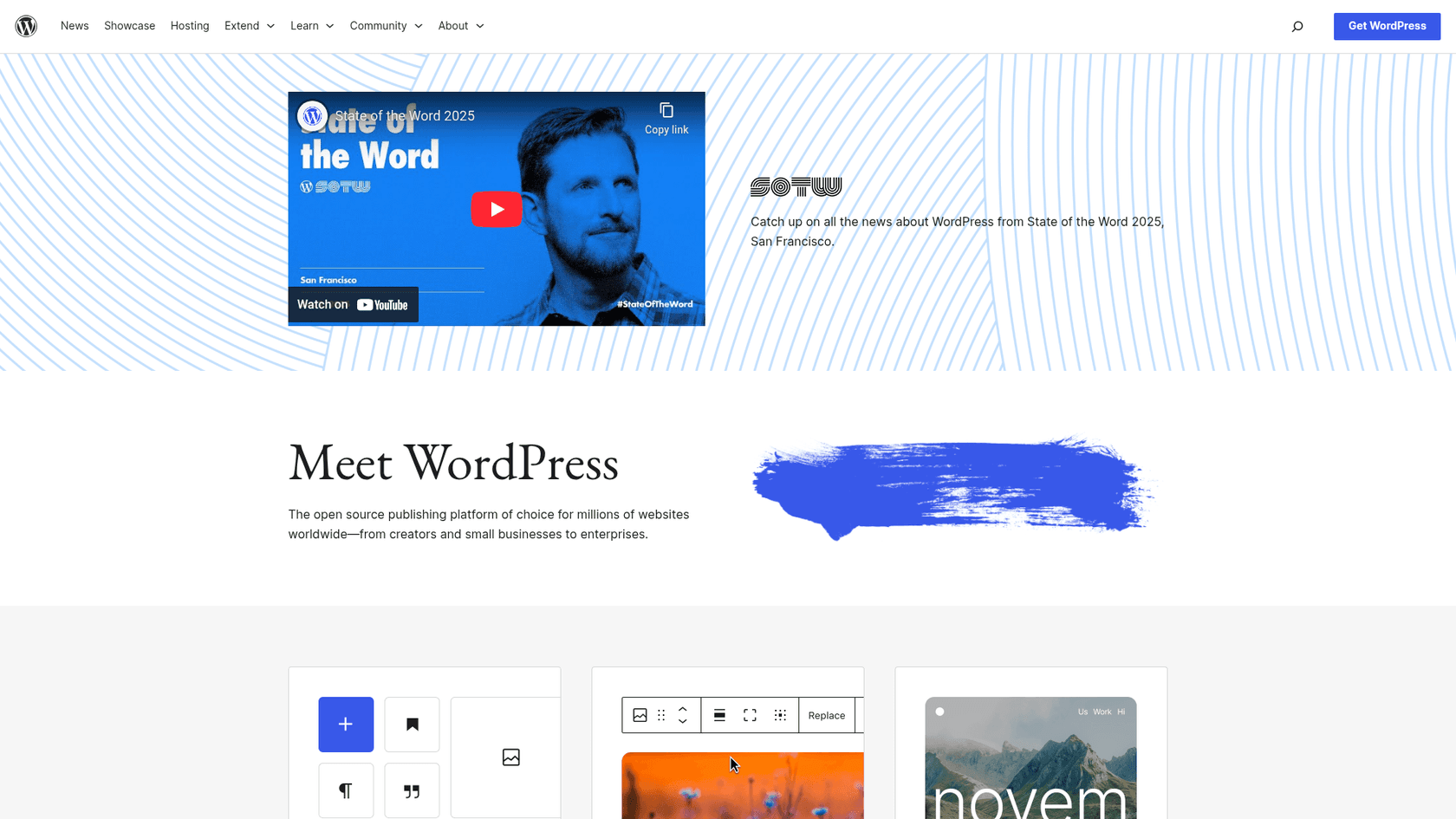 A screenshot of the WordPress.org homepage, a popular choice in our sports blog starter guide.