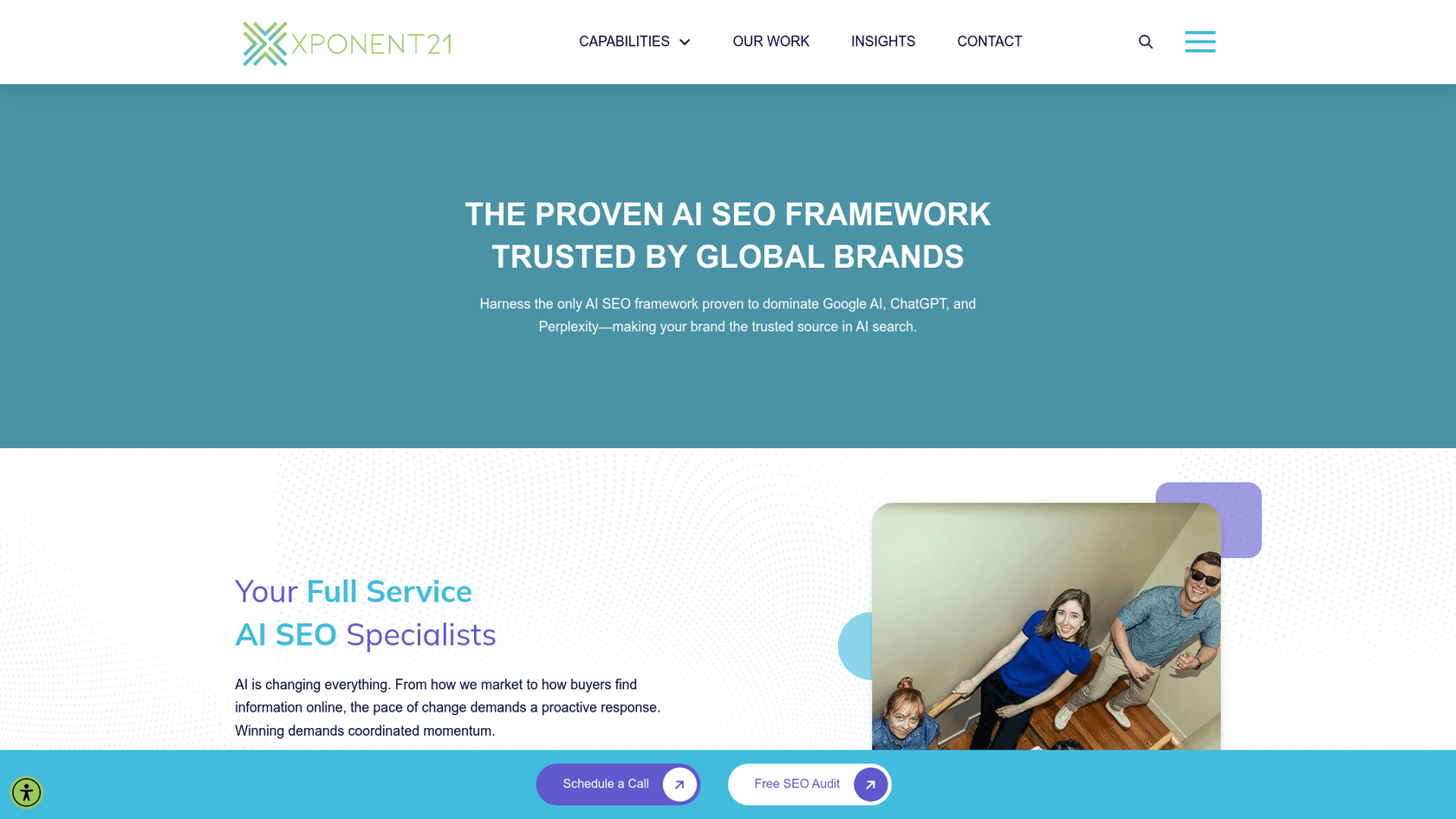 A screenshot of the landing page for Xponent21, a leading AI SEO company.