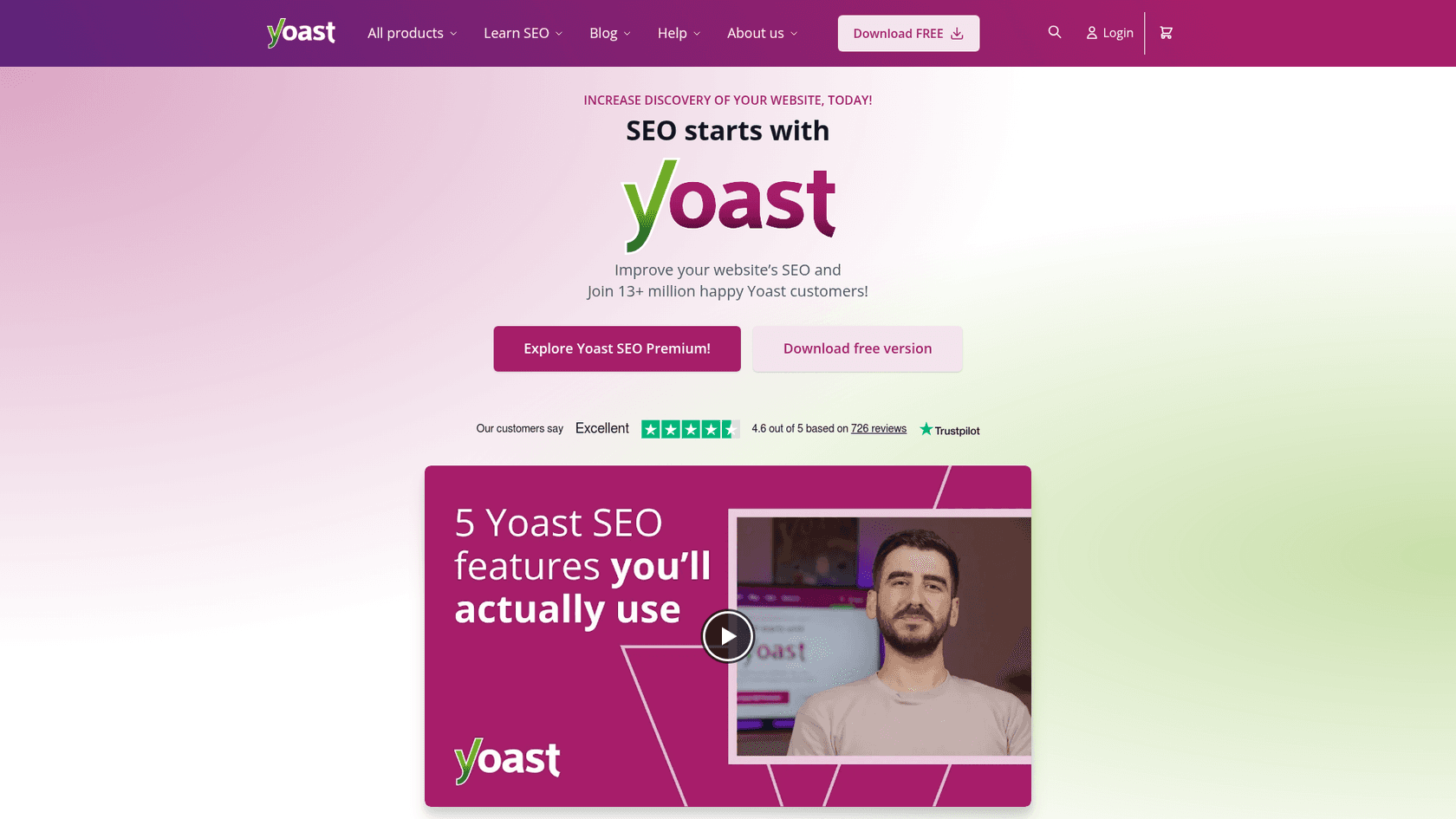 A screenshot of the Yoast SEO landing page, a plugin that assists with how to write blog meta descriptions in WordPress.