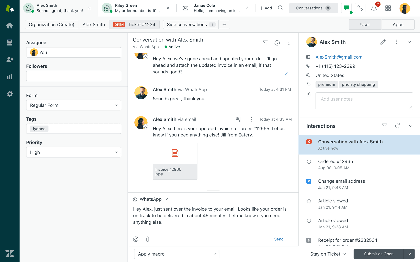 Zendesk Agent Workspace showing a unified ticket with full conversation history on the left and customer context panel on the right