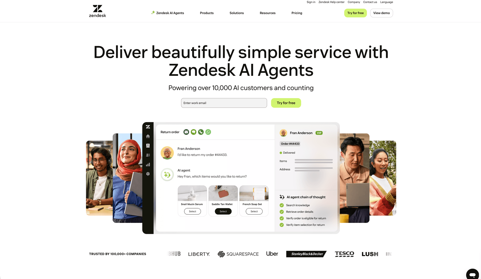 A screenshot of Zendesk's landing page.