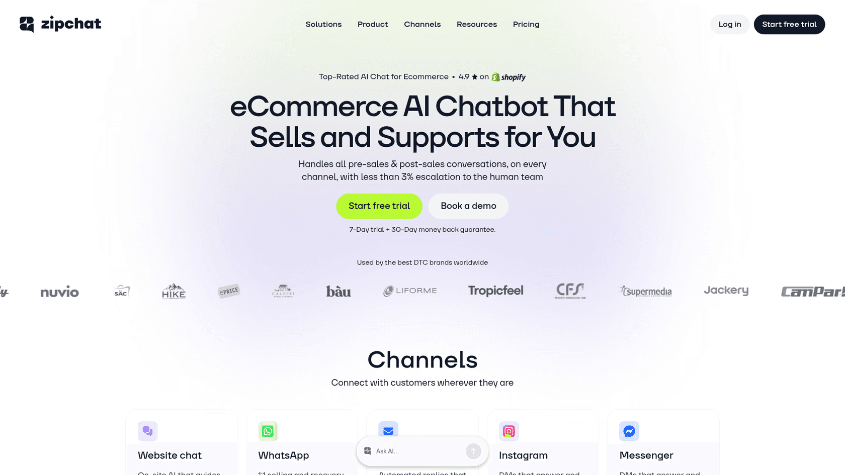 Zipchat AI landing page with ecommerce chatbot features