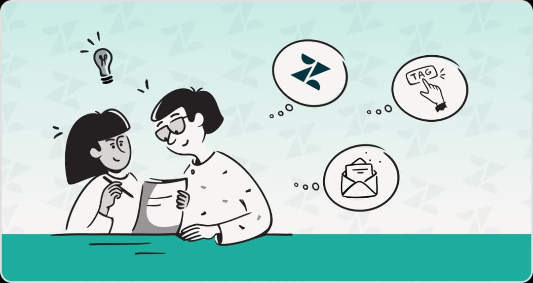 Illustration of two people reviewing a document beside Zendesk, tag, and email icons