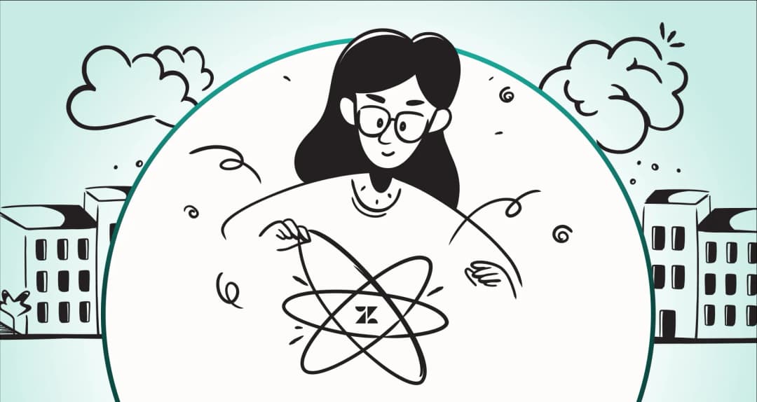 A person with glasses and a Zendesk-logo atom graphic against a pale teal background