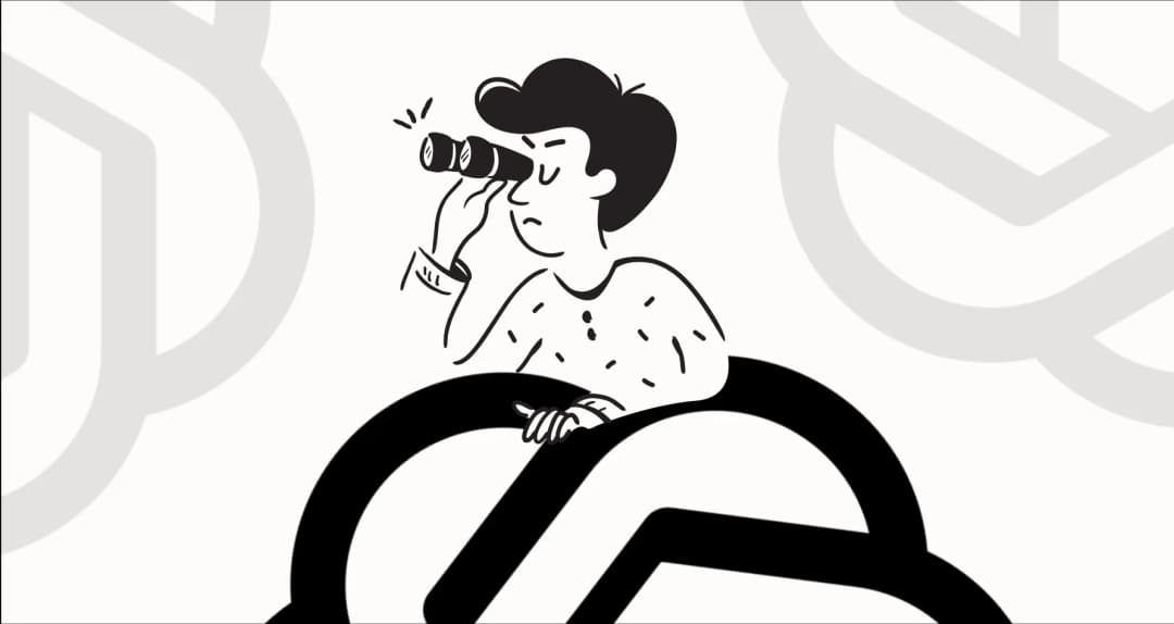 Illustrated person looking through binoculars behind a large black-and-white looped shape