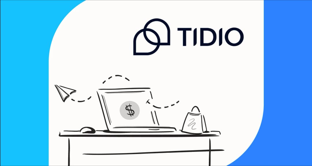 Tidio logo above a laptop, shopping bag, and paper plane