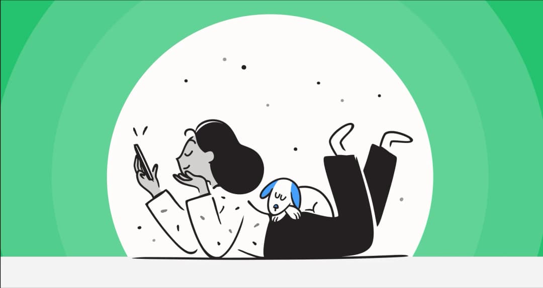 Illustration of a person using a phone with a dog beside them on a green background