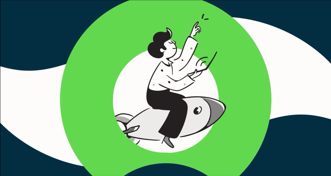 A person riding a rocket inside a green speech-bubble shape
