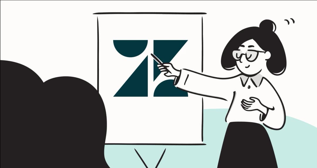 Illustration of a presenter pointing to a Zendesk logo