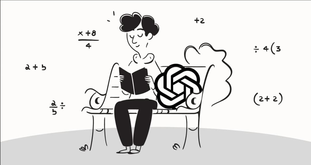 Black-and-white illustration of a person reading beside a ChatGPT symbol, surrounded by mathematical notation.
