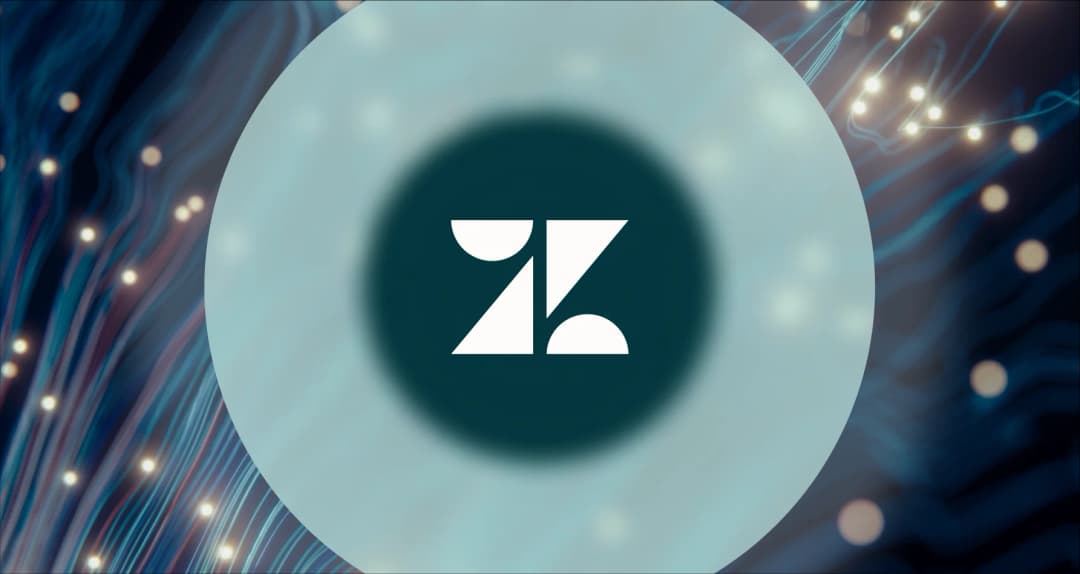 Zendesk logo inside a glowing teal circle against a dark streaked background
