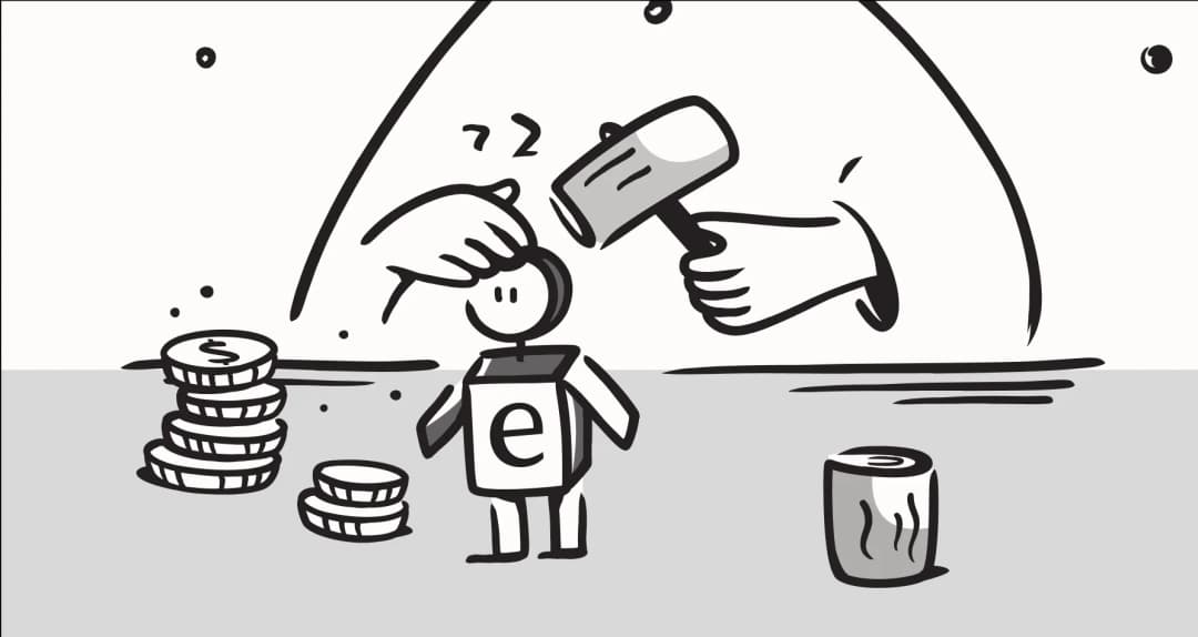 Black-and-white illustration of hands shaping a small wooden robot beside stacks of coins.