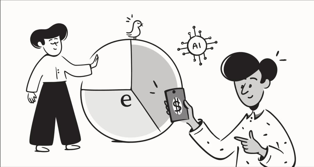 Two illustrated people beside a pie chart, a phone with a dollar sign, a bird, and an AI icon