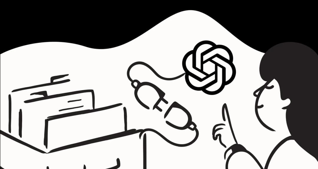 Illustration of an OpenAI logo connected by a cable to folders beside a person