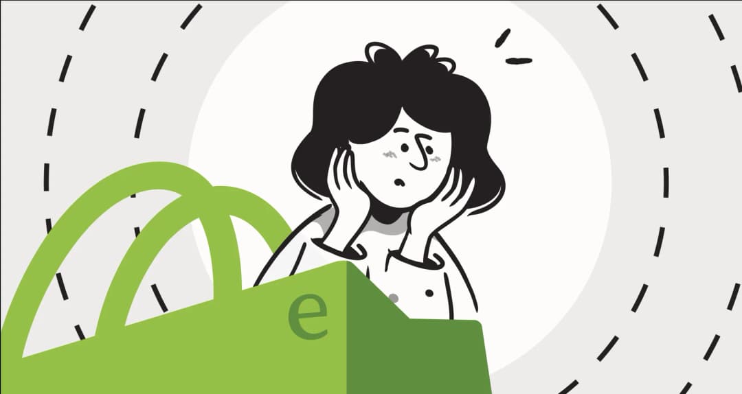 Illustration of a concerned person behind large green shopping bags.