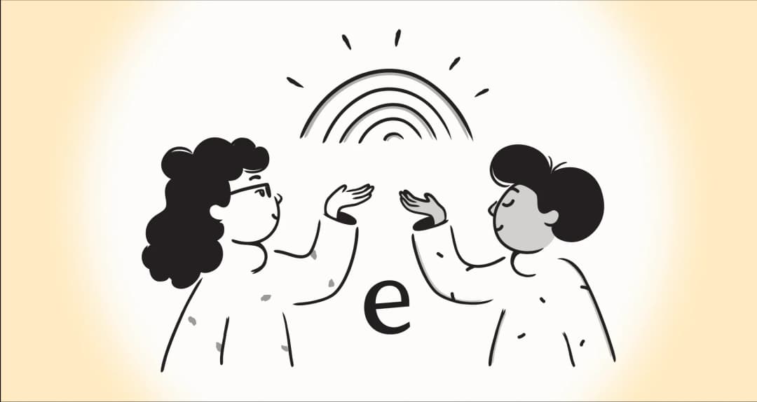 Illustration of two people talking beneath a rainbow-shaped signal