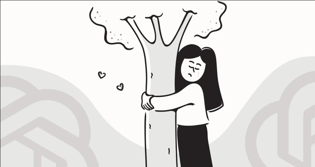 Black-and-white illustration of a person hugging a tree, with faint ChatGPT symbols in the background.