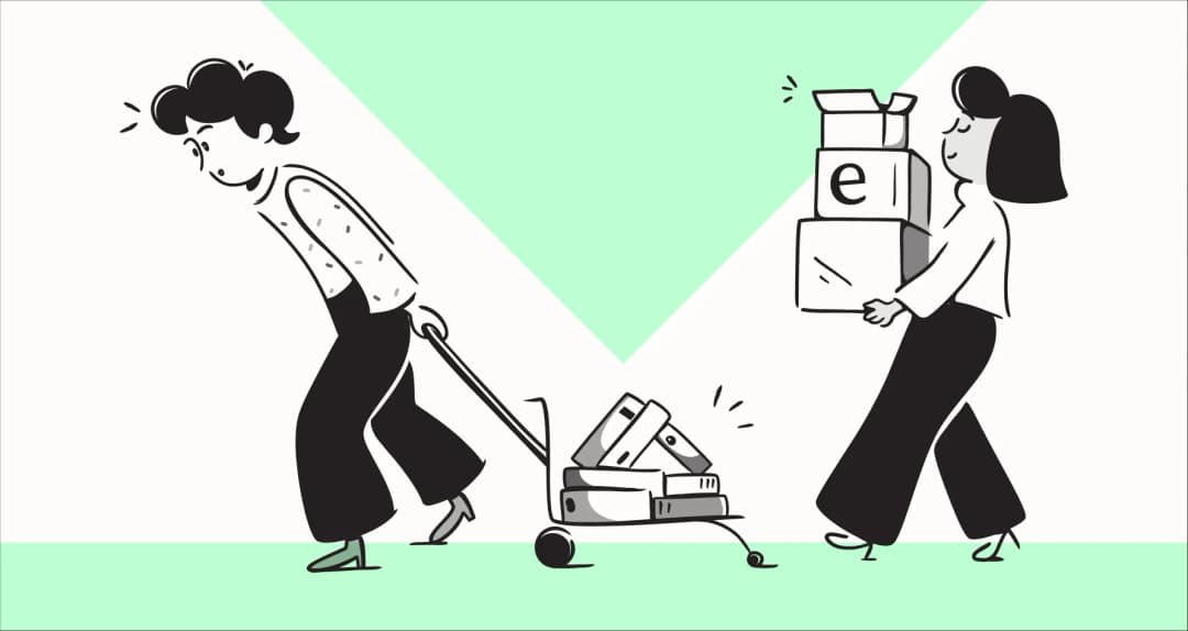 Illustration of two people packing an online-shopping cart with boxes.
