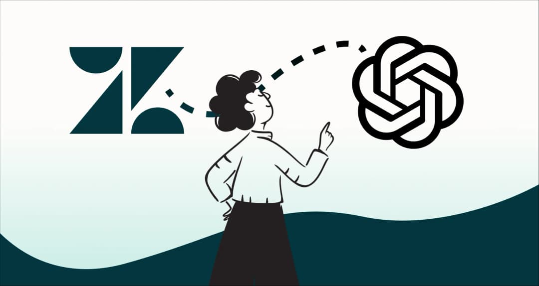 Illustration of a person between a large dark teal Zendesk logo and a black ChatGPT logo, with a dotted arc joining the two.