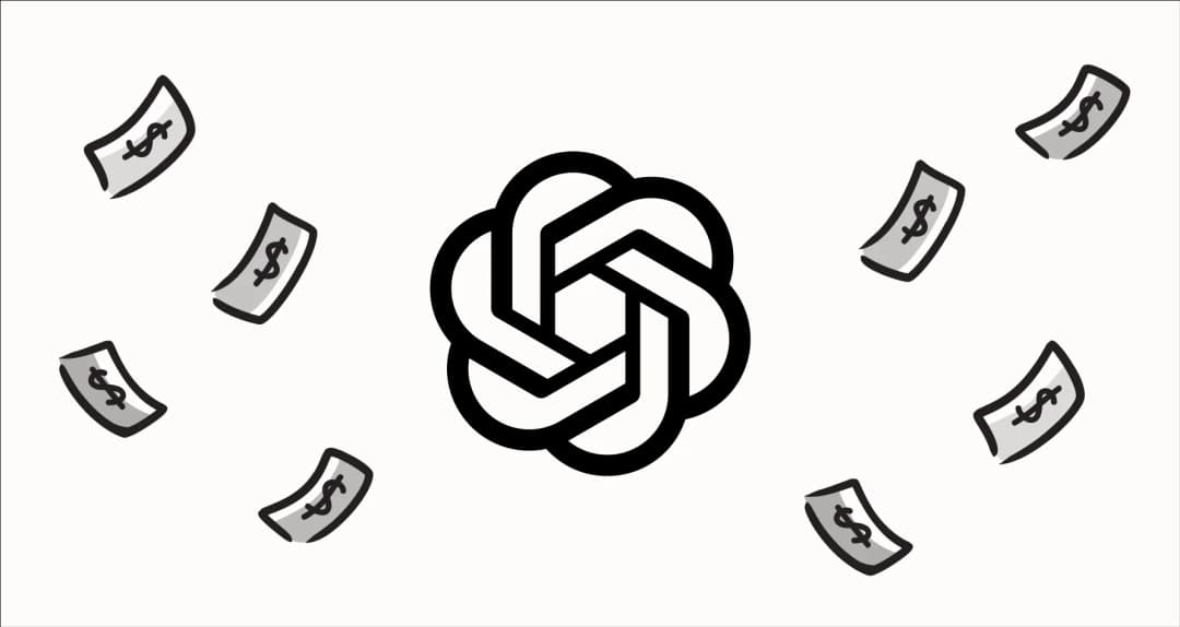 OpenAI logo surrounded by illustrated dollar bills