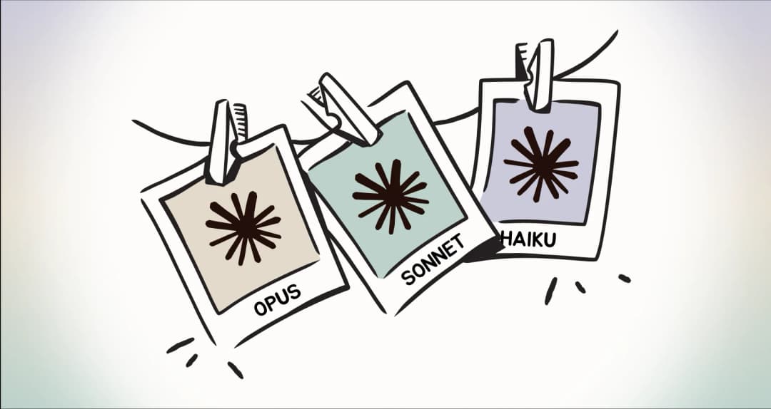 Three hanging cards labelled Opus, Sonnet, and Haiku, each with the Claude starburst symbol.