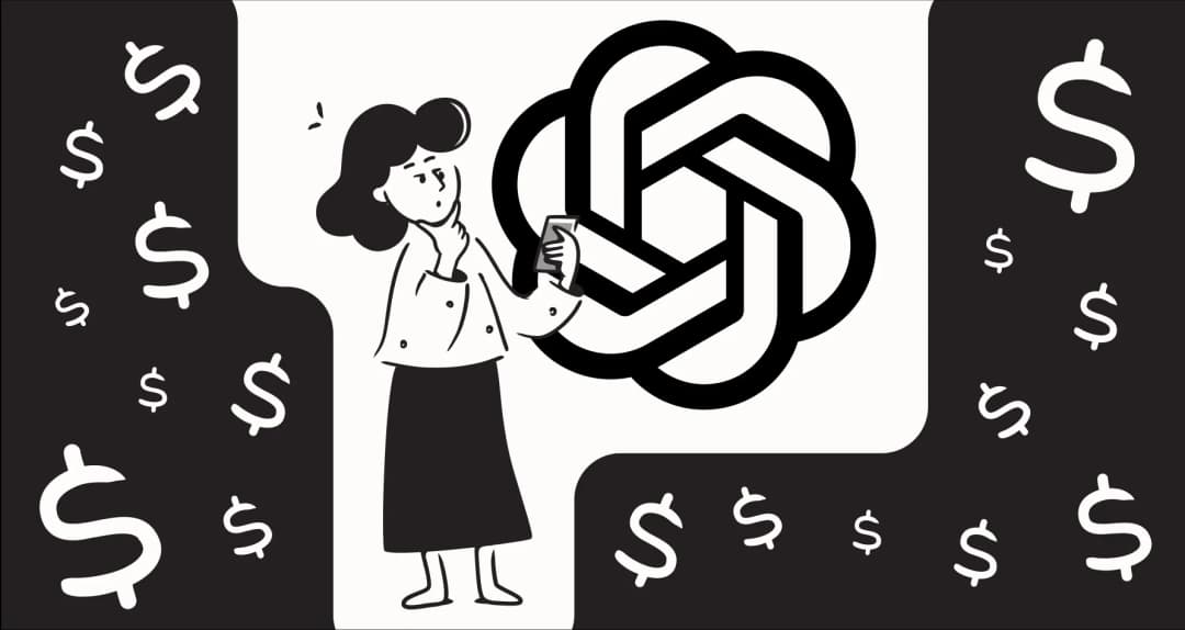 Illustrated woman holding a phone beside the OpenAI logo, surrounded by dollar signs