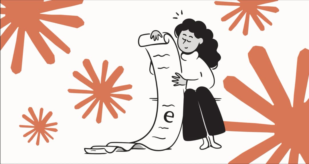 Illustration of a person reading a long paper scroll surrounded by orange starbursts.