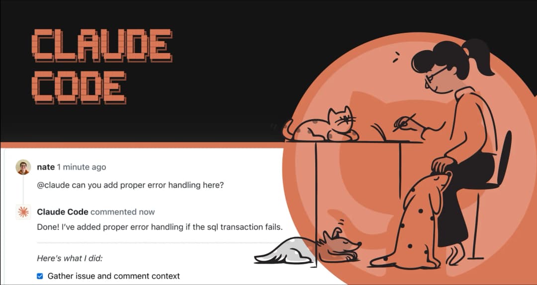 Claude Code lettering and an example GitHub comment beside a person writing with a cat and two dogs nearby