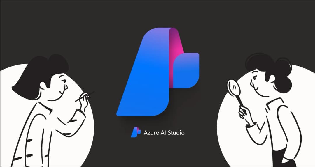 Two illustrated people examining the former Azure AI Studio logo