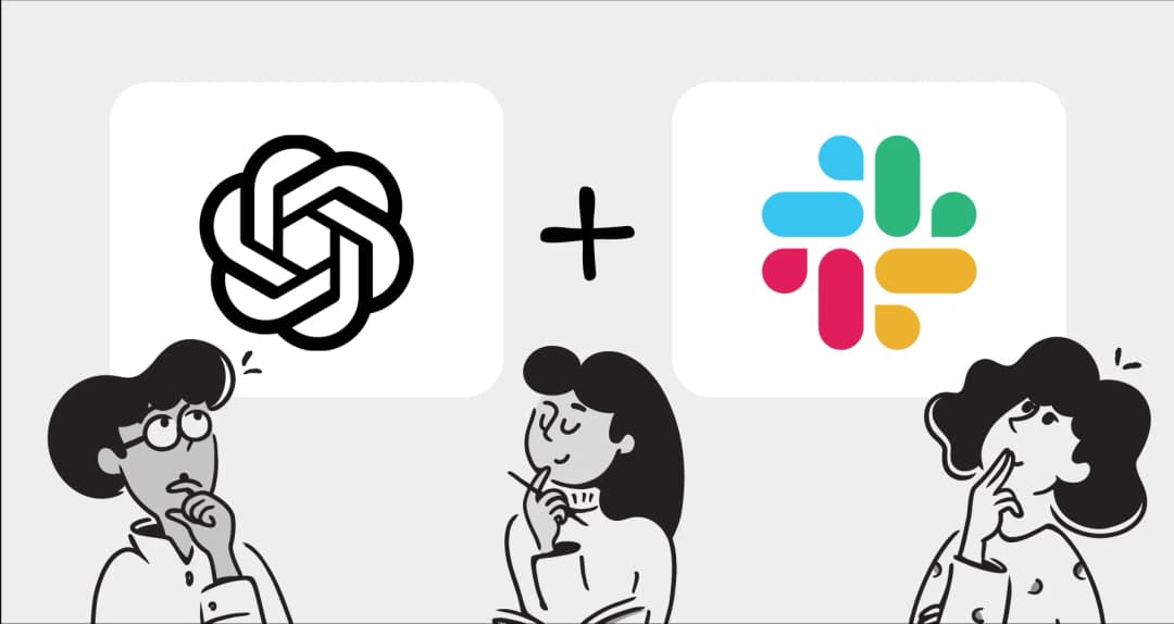 OpenAI and Slack logos separated by a plus sign above three illustrated people